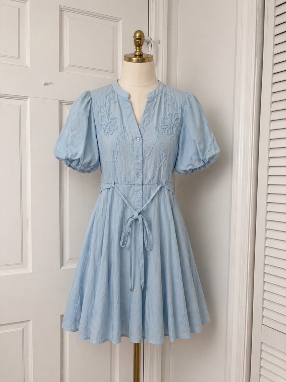Taylor Pale Blue Embroidered Puff Sleeve Mini Dress